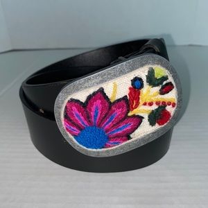 PISTIL Wide Black Leather Belt Floral Needlepoint Metal Buckle Unique Small